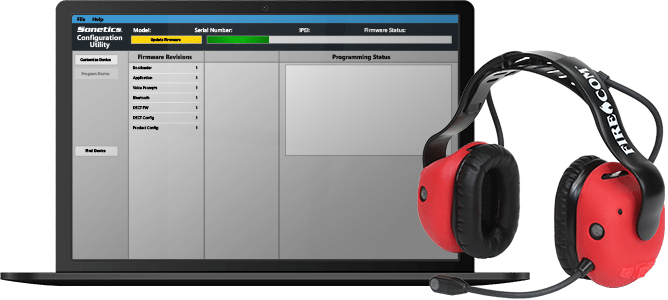 computer-with-headset-firecom-x Notebook computer running Configuration Utility software next to a Firecom Wireless Headset.